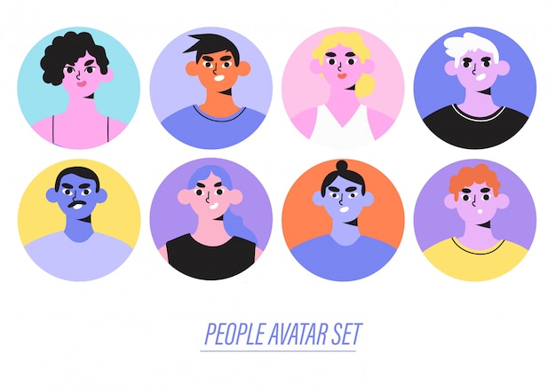 Conjunto ou coleção de avatares coloridos de diferentes pessoas diversas. mídias sociais ou retratos da web.