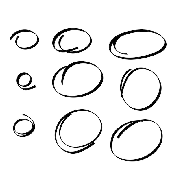 Conjunto oval desenhado à mão círculos de destaque do marcador doodle texto de destaque e objetos importantes