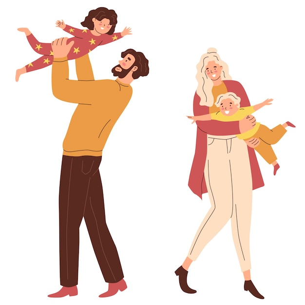 Conjunto Pais abraçam seus filhos Mães e pais estão brincando com crianças Família feliz A educação e o cuidado das crianças Estilo simples em ilustração vetorial Pessoas isoladas