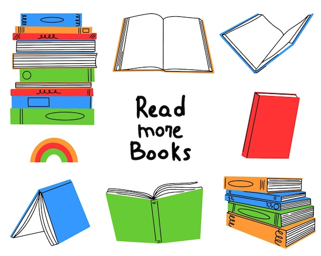 Vetor conjunto para amantes de livros vários livros pilha de livros notebooks design plano estilo de desenho animado