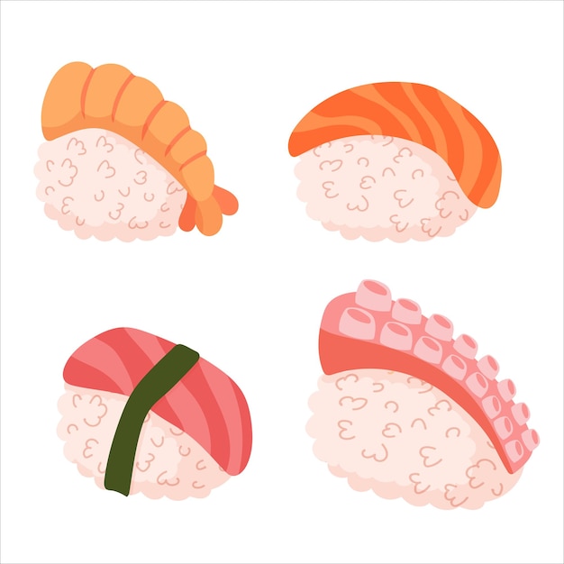 Conjunto para sushi Diferentes tipos de sushi e pãezinhos Rolo tradicional japonês com caviar tobiko original com queijo Filadélfia e molho de soja salmão e camarão rei ilustração vetorial