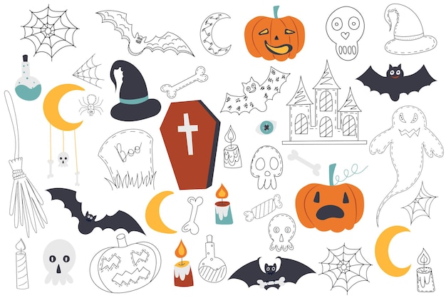 Conjunto para vetor de contorno de esboço de halloween isolado