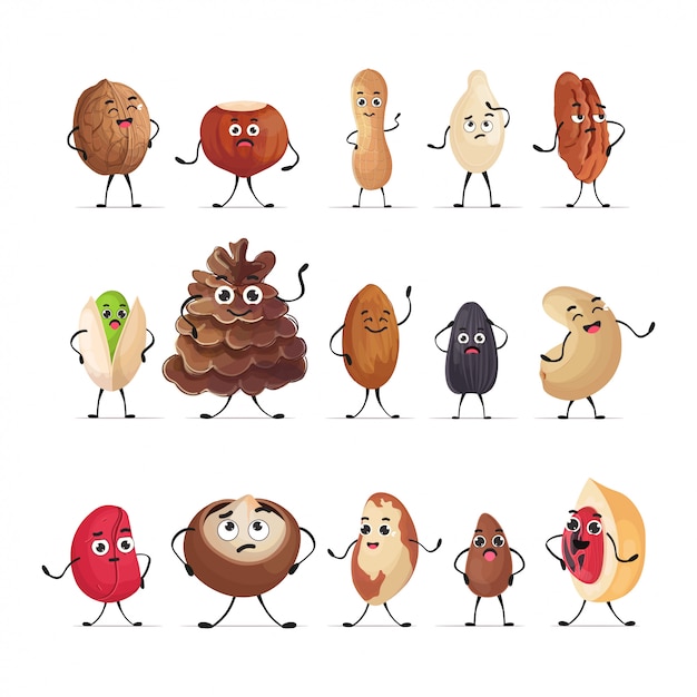 Conjunto personagens de nozes e sementes bonitos cartoon personagens mascote coleção conceito de comida vegetariana saudável isolado