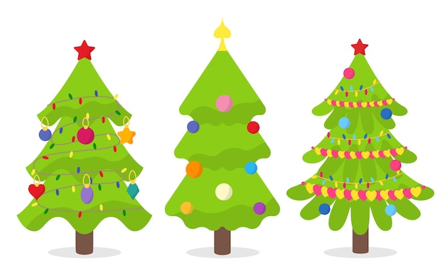 Conjunto plano de árvores de natal com guirlandas e brinquedos