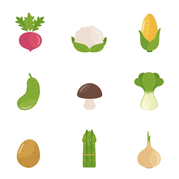 Conjunto plano de ícones de legumes desenhados à mão