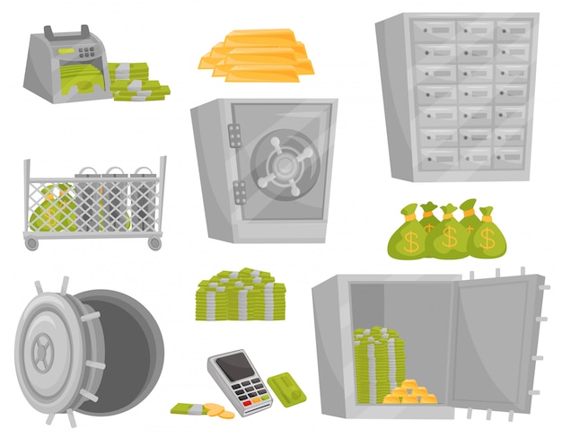 Conjunto plano de ícones do banco. balcão de notas, barras de ouro, sacos de dinheiro, porta do cofre, cofres. tema financeiro