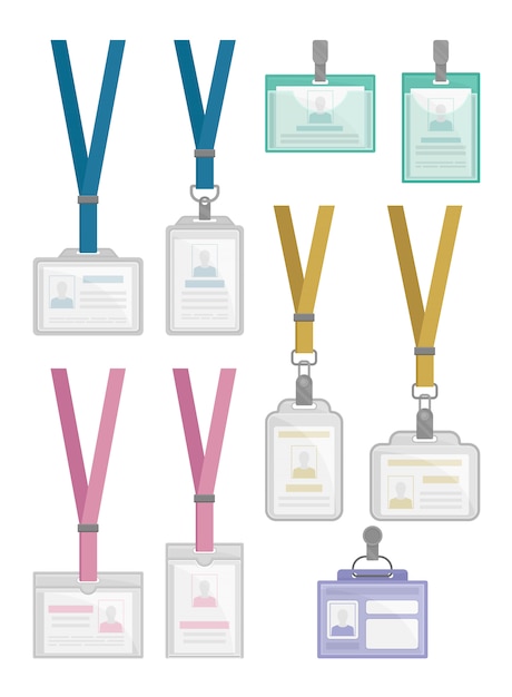 Vetor conjunto plano de modelos de titulares de cartão de identificação. crachás de identificação de funcionários com alças para o pescoço e clipes de metal.