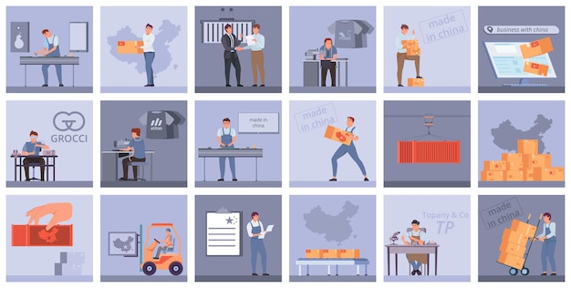Conjunto plano de produção da China de composições quadradas com vários personagens de trabalhadores de indústrias e ilustração vetorial de símbolos nacionais chineses