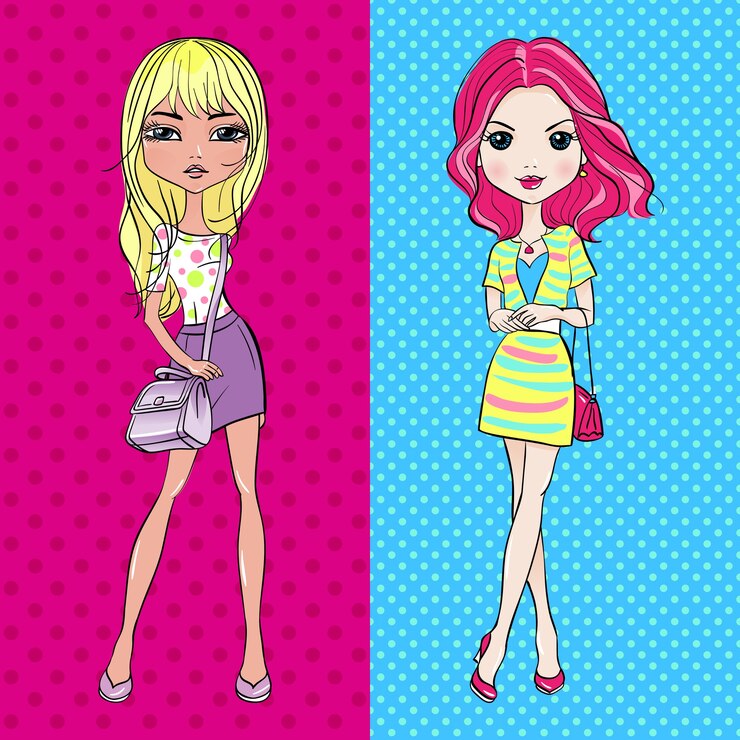 Vetor conjunto pop art meninas em saias com bolsas.