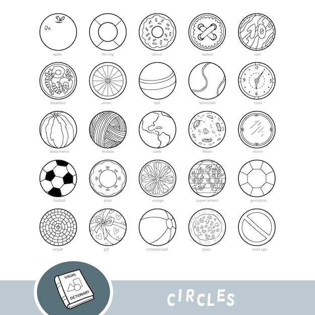Conjunto preto e branco de objetos em forma de círculo dicionário visual para crianças sobre formas geométricas