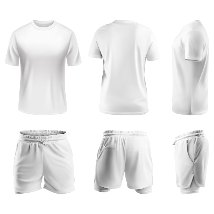 Vetor conjunto realista de camisas brancas com mangas curtas e calções esportivos