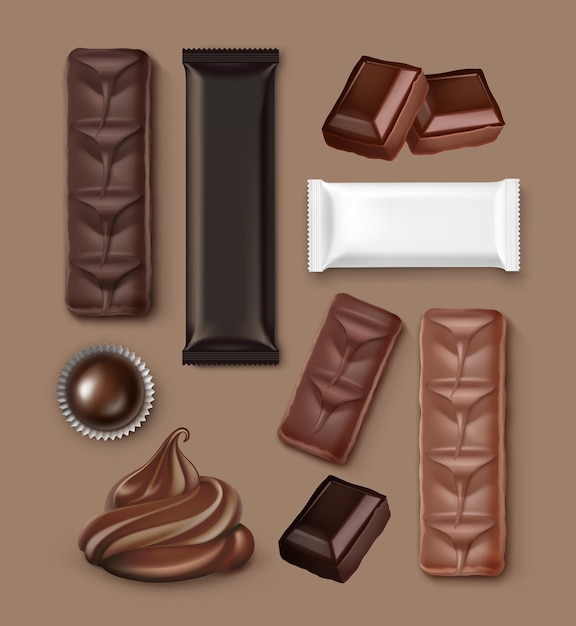 Vetor conjunto realista de chocolate: barras, creme, doce, embalado e aberto sobre fundo marrom claro