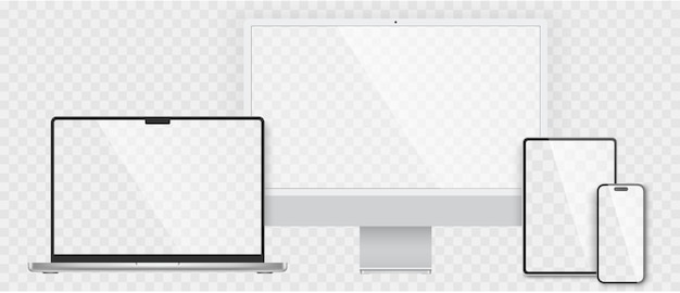 Vetor conjunto realista de computador, portátil, tablet e smartphone colecção de maquetes de tela de dispositivo colecção realista de maquete de computador, laptop, tablet e telefone com vetor de estoque de sombra