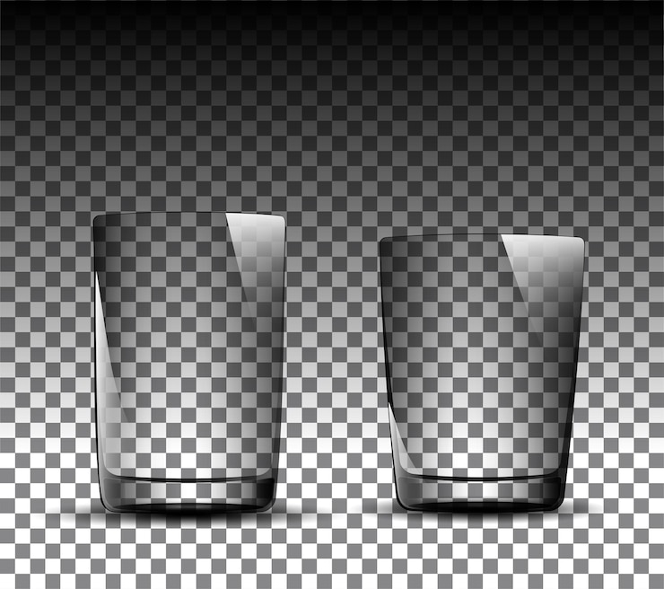 Vetor conjunto realista de copos vazios de tamanhos diferentes em um fundo transparente vidraria 3d para bebida de bar de suco de chá e café mockup de óculos de parede dupla para café de restaurante de design
