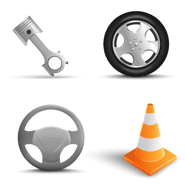 Conjunto realista de elementos de reparação automóvel. Cone de tráfego, pneu, volante, pistões do motor. Ilustração vetorial