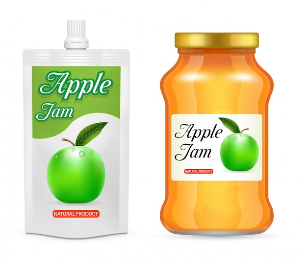 Conjunto realista de embalagens de compota de maçã