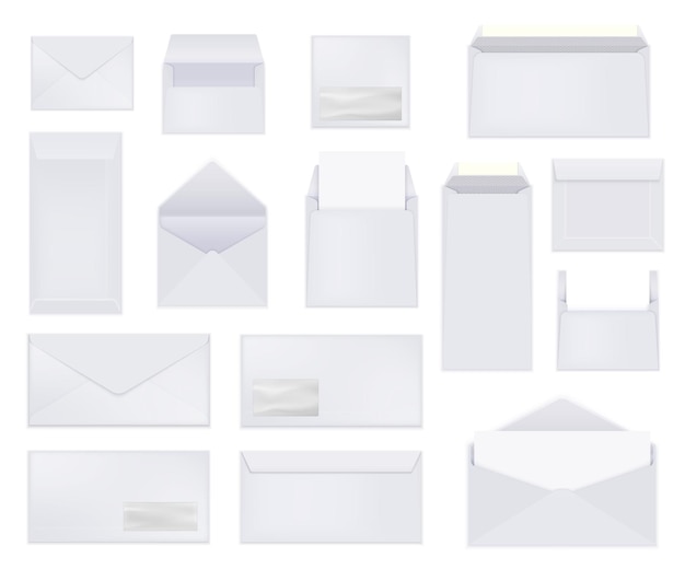 Conjunto realista de envelopes com imagens isoladas de capas de letras planas de tamanho diferente na ilustração vetorial de fundo em branco
