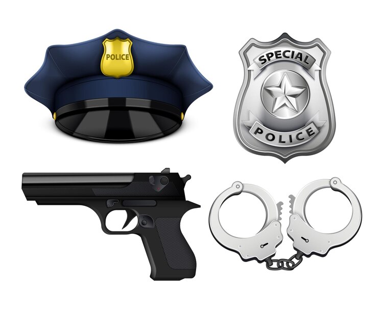 Vetor conjunto realista de equipamento de polícia com imagens isoladas de oficiais de pistola de pistola escudo de tampa e ilustração vetorial de punho de mão