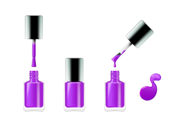 Vetor conjunto realista de esmalte roxo esmalte para manicure pedicure gota de pincel de garrafa aberta fechada