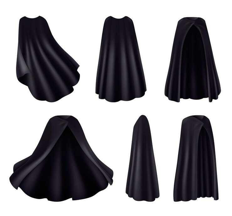 Vetor conjunto realista de manto preto com imagens isoladas de roupões de pano escuro com dobras em ilustração vetorial de fundo em branco