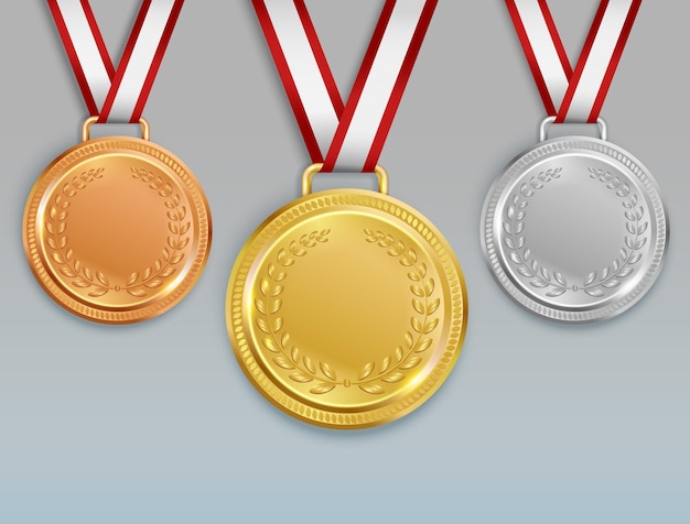 Conjunto realista de medalha com imagens de medalhas de prata dourada e bronze para vencedores de competição com fitas