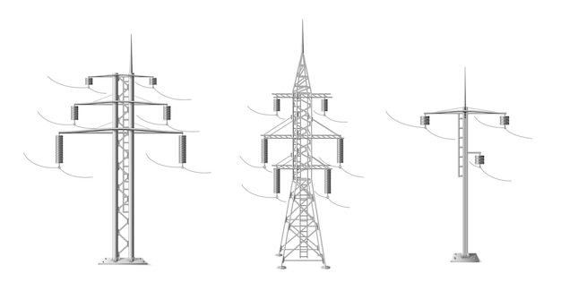Conjunto realista de postes de metal de linha de alta tensão isolado na ilustração vetorial de fundo branco
