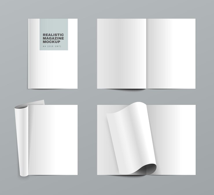 Vetor conjunto realista de revistas com folhas de papel branco abertas