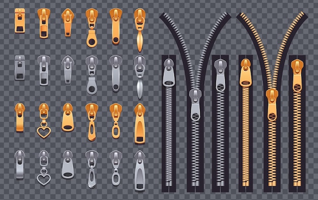 Vetor conjunto realista de zíper de elementos de prendedor de slides dourados e prata isolados em fundo transparente com ilustração vetorial de controles deslizantes