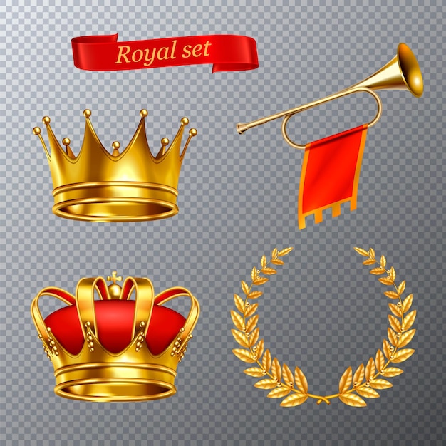 Conjunto realístico real de trompete de coroa de louros de coroas de rei com bandeira isolada em ilustração vetorial de fundo transparente