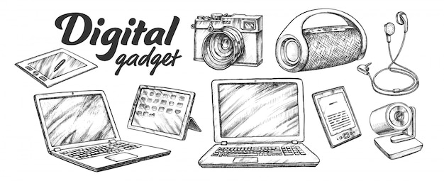 Conjunto retrô de gadgets de áudio e vídeo digital