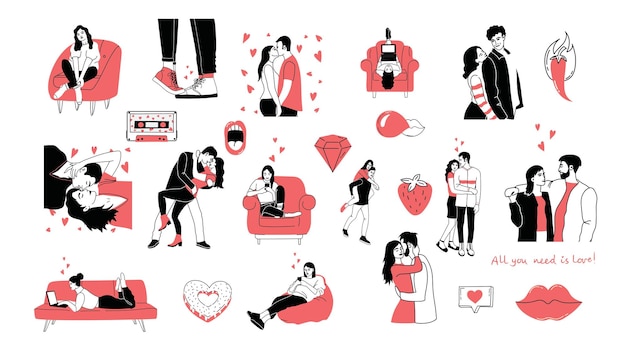 Conjunto romântico de ilustrações com homem e mulher amor relacionamento de história de amor conceito de design vetorial para o dia dos namorados