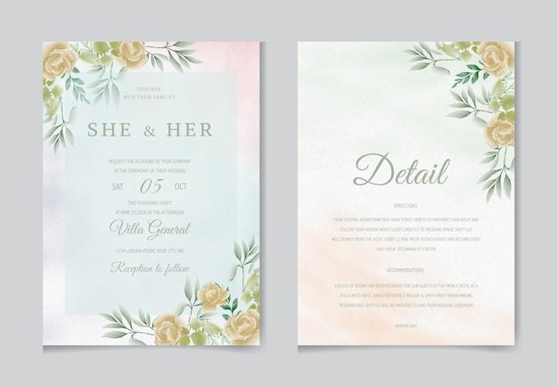 Conjunto romântico de modelo de cartão de convite de casamento em aquarela com flores e folhas florais