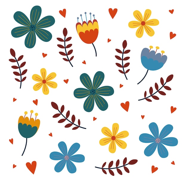 Vetor conjunto sazonal de elementos florais vetoriais coleção de verão de flores e plantas em cores brilhantes