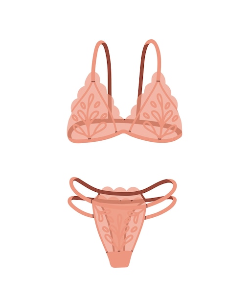 Conjunto sexy de lingerie de renda com tanga, cueca elegante, sutiã, roupa interior transparente para mulheres, roupas interiores femininas, cuecas, sutiãs, ilustração vetorial isolada plana em fundo branco