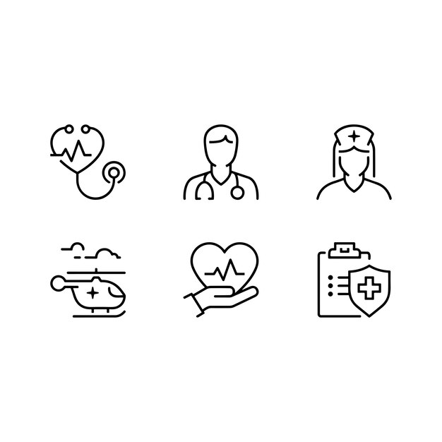 Vetor conjunto simples de ícones de linhas vetoriais relacionadas à assistência médica
