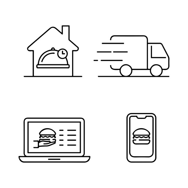 Conjunto simples de ícones de linhas vetoriais relacionadas à entrega de alimentos
