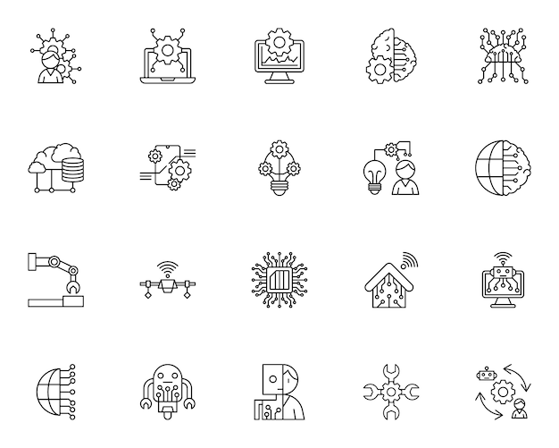 Conjunto simples de ícones relacionados à inteligência artificial no estilo de linha