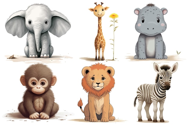 Vetor conjunto sute baby animais engraçados leão hipopótamo elefante girafa zebra macaco em estilo aquarela ilustrações vetoriais planas isoladas no fundo branco