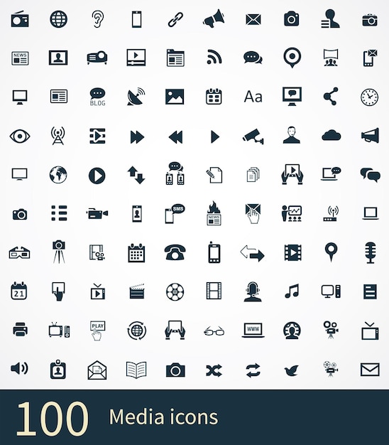 Vetor conjunto universal de 100 ícones de mídia