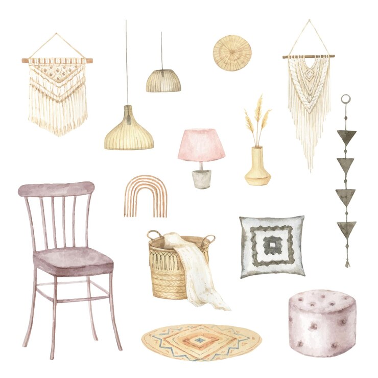 Vetor conjunto vetorial aquarela de elementos de decoração e móveis para casa