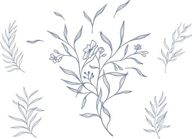 Vetor conjunto vetorial bela coroa floral azul e folhas elementos de arte de linha conjunto botânico desenhado à mão
