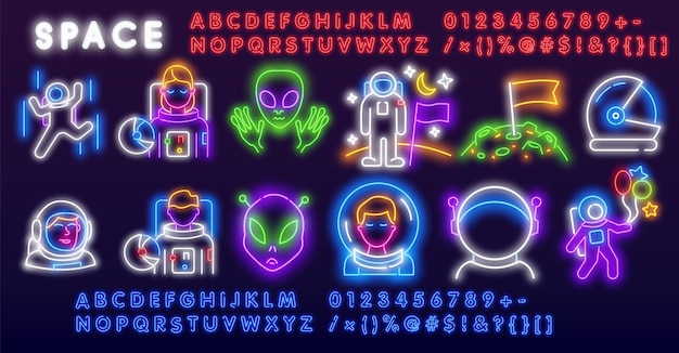 Conjunto vetorial colorido de ícones de lâmpadas de néon espacial planetas de foguetes brilhantes nave alienígena sol lua cometa e st