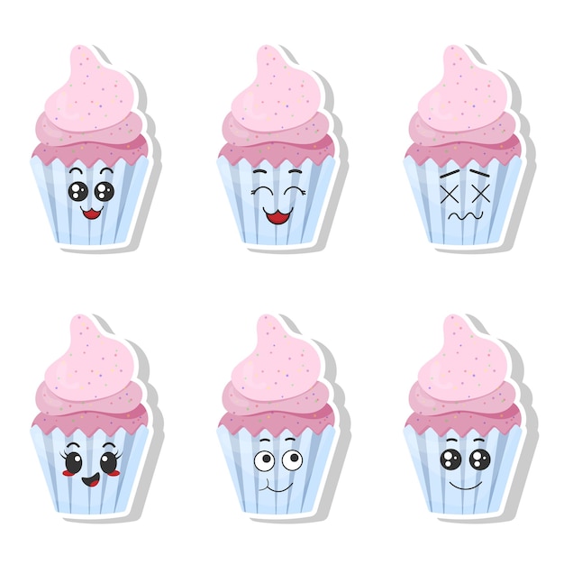 Conjunto vetorial de adesivos de cupcake engraçados com emoção kawaii kawaii faces vector a ilustração em fundo branco