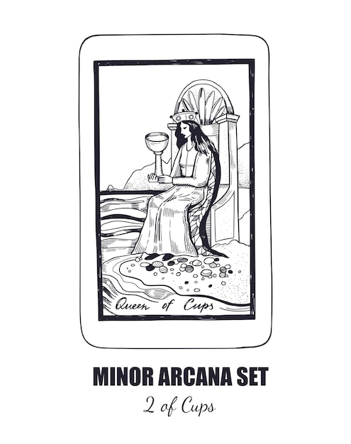 Conjunto vetorial de arcanos menores de tarô rainha de copas ilustração desenhada à mão