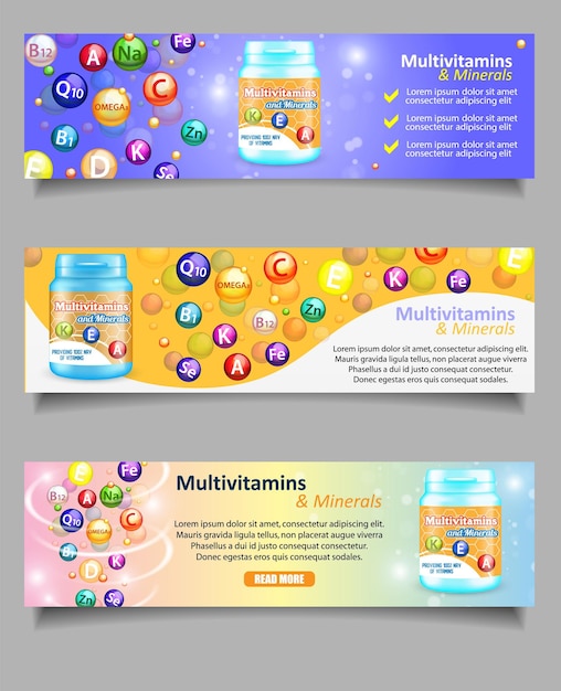 Conjunto vetorial de banners complexos de vitaminas e minerais