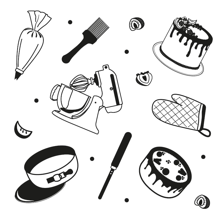 Vetor conjunto vetorial de bolos e utensílios de confeitaria com bagas imagem de produtos de confeitura com misturador e frigideira