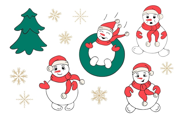 Conjunto vetorial de bonecos de neve, árvores de natal, flocos de neve em um fundo branco no estilo doodle