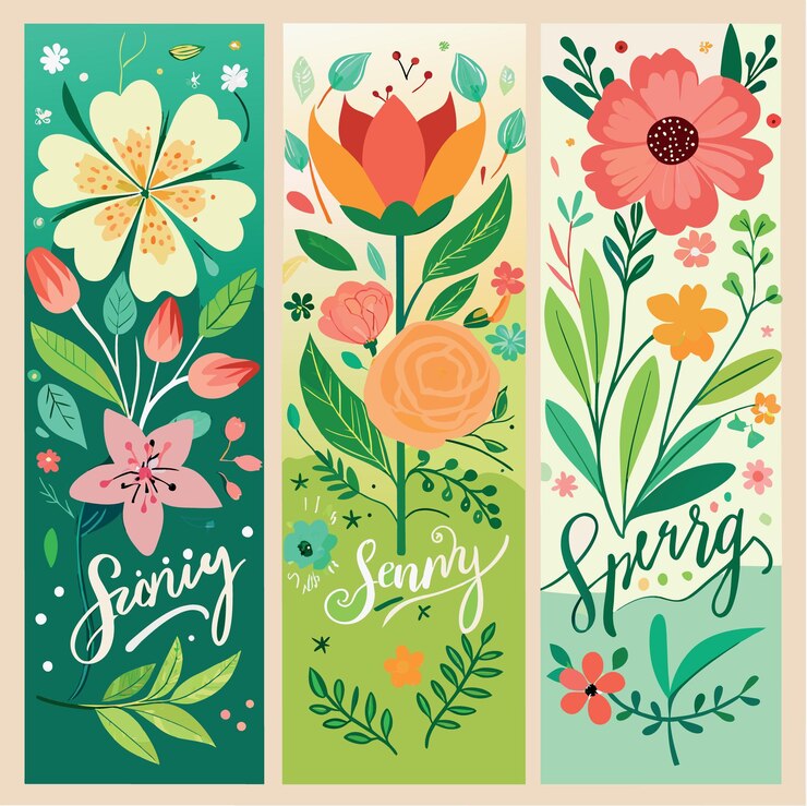 Vetor conjunto vetorial de cartões verticais de primavera com letras de pincel e flores rabiscadas