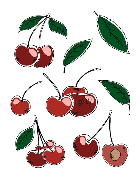 Conjunto vetorial de cerejas coloridas estilo doodle isoladas no fundo branco