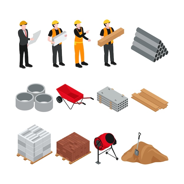 Conjunto vetorial de construção Ilustrações isométricas Desenhos arquitetônicos detalhados